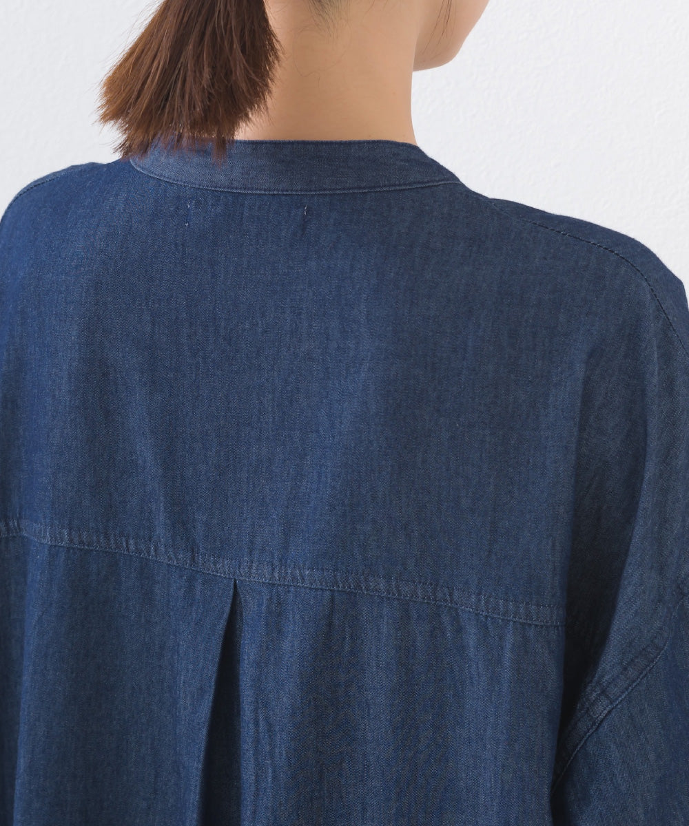 【OMNES】シャンブレーバンドカラー裾ラウンドロングシャツワンピース【253W427OMN035】