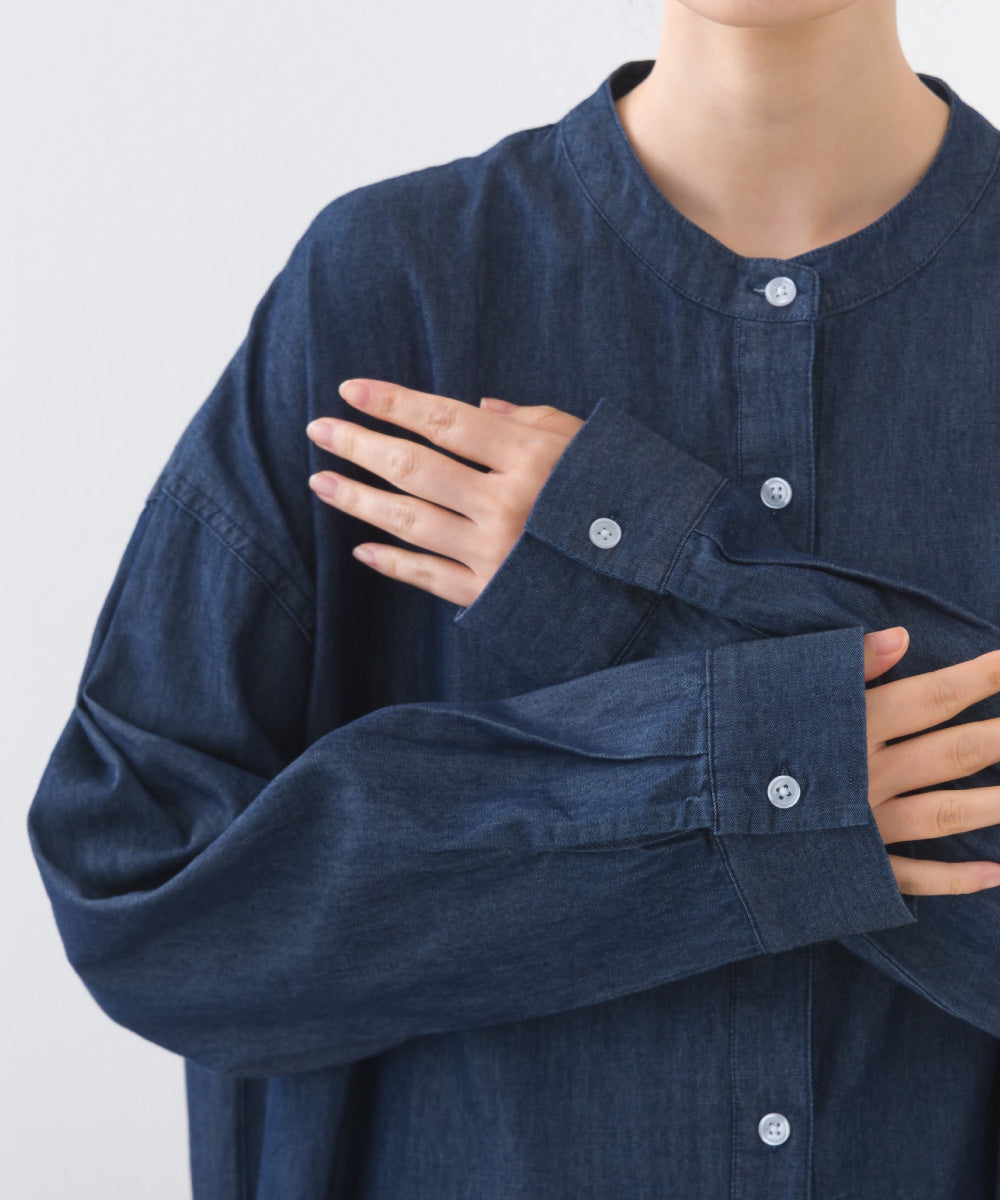 【OMNES】シャンブレーバンドカラー裾ラウンドロングシャツワンピース【253W427OMN035】