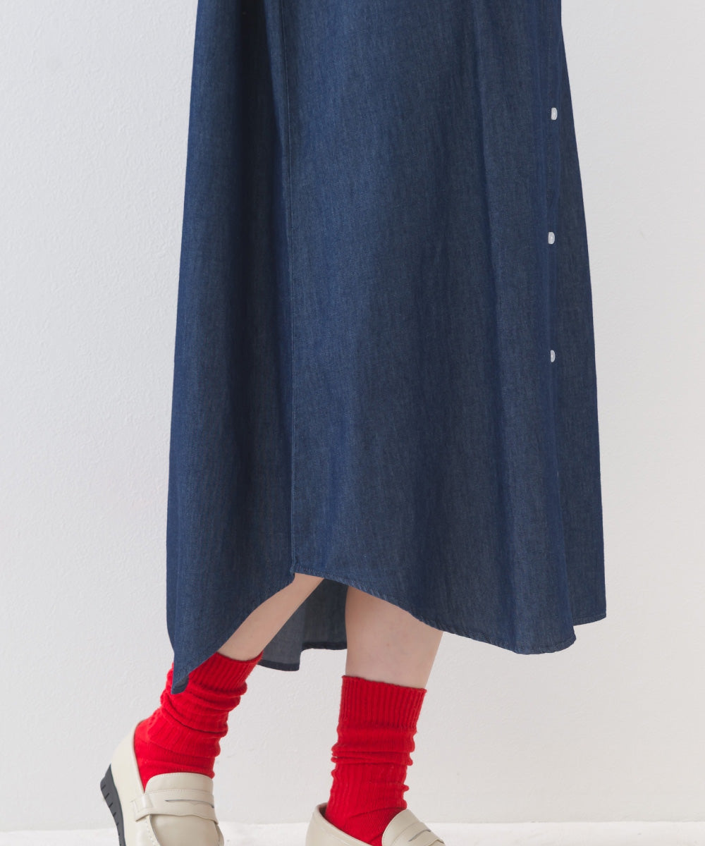 【OMNES】シャンブレーバンドカラー裾ラウンドロングシャツワンピース【253W427OMN035】