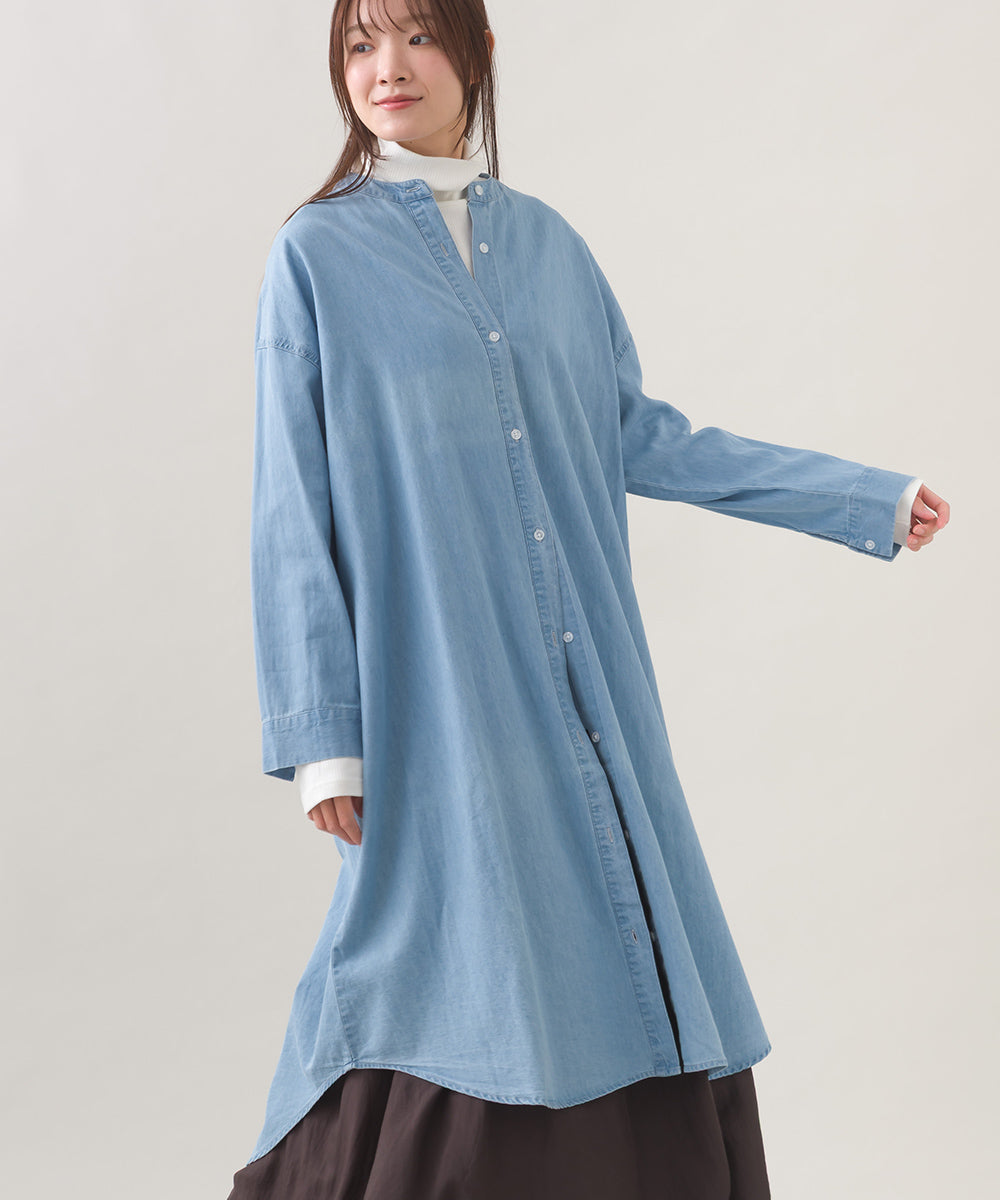 OMNES】シャンブレーバンドカラー裾ラウンドロングシャツワンピース