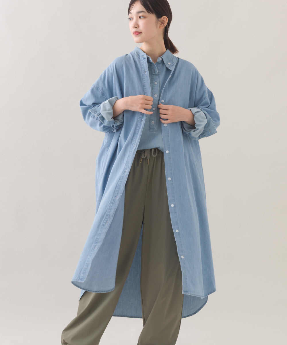 【OMNES】シャンブレーバンドカラー裾ラウンドロングシャツワンピース【253W427OMN035】