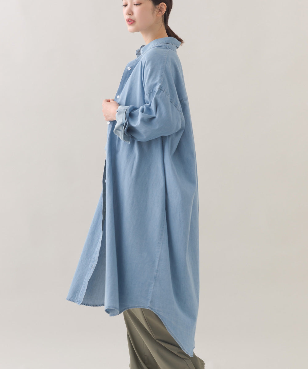 【OMNES】シャンブレーバンドカラー裾ラウンドロングシャツワンピース【253W427OMN035】