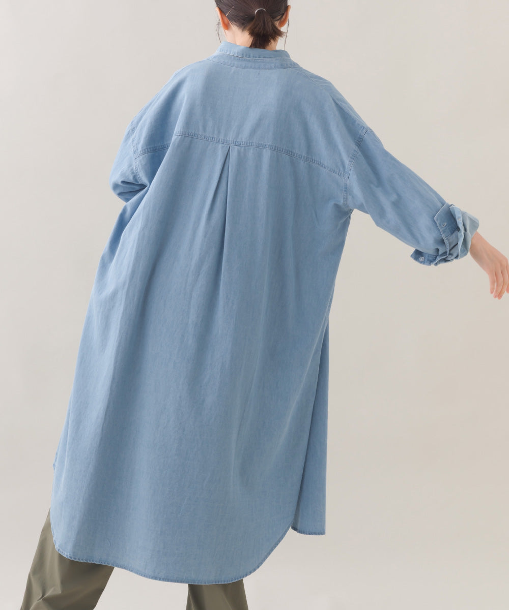 【OMNES】シャンブレーバンドカラー裾ラウンドロングシャツワンピース【253W427OMN035】