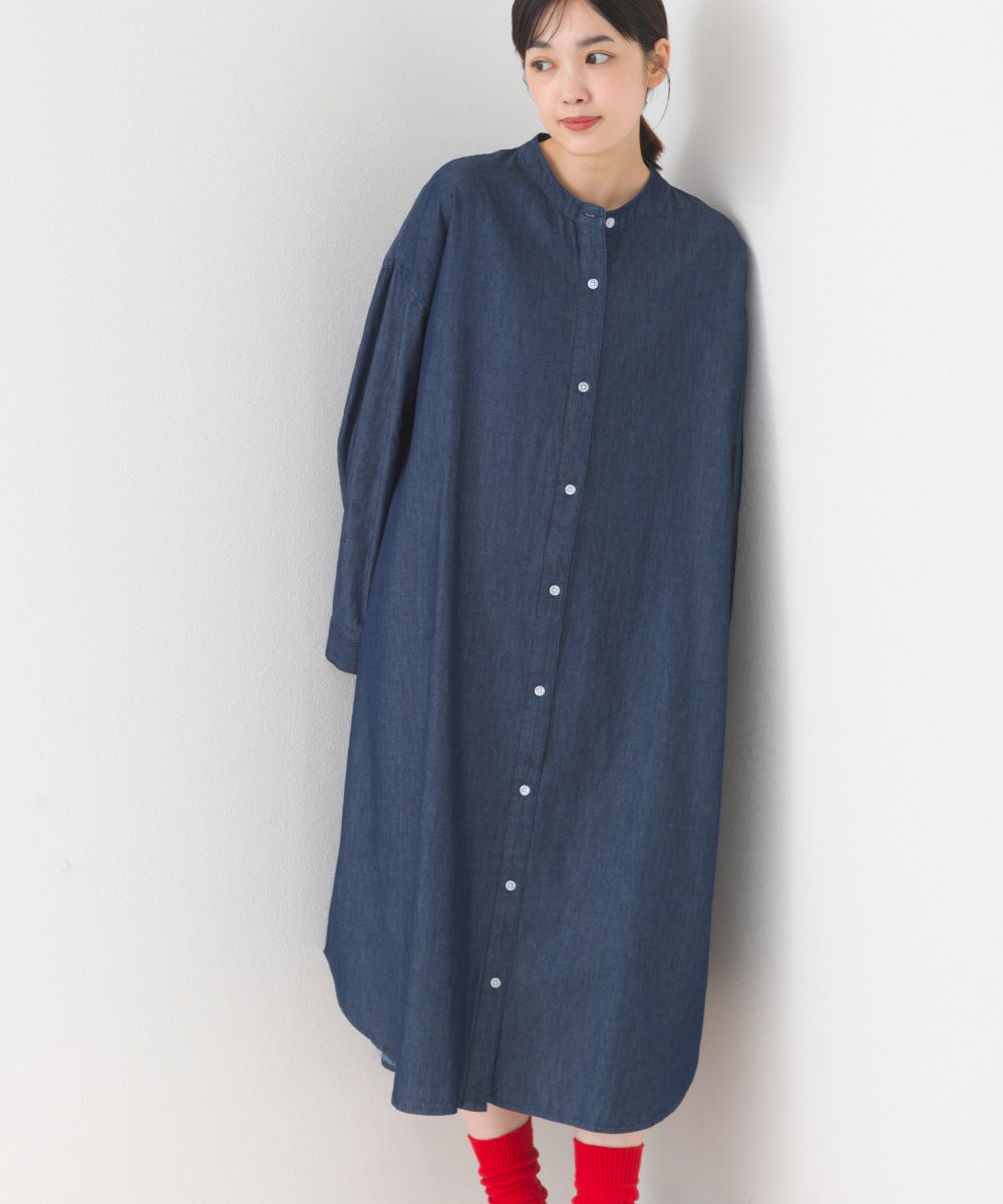 【OMNES】シャンブレーバンドカラー裾ラウンドロングシャツワンピース【253W427OMN035】