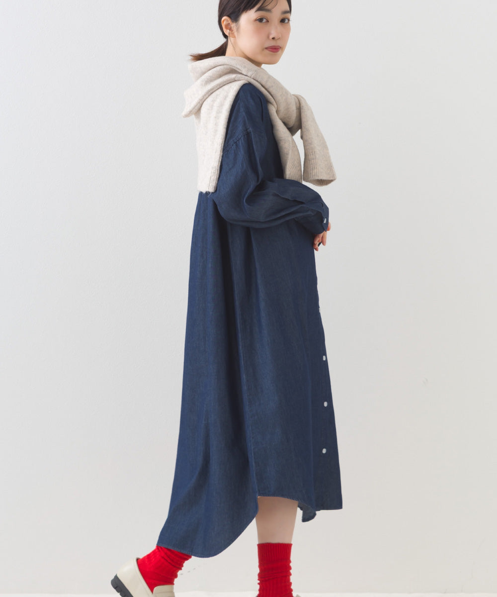【OMNES】シャンブレーバンドカラー裾ラウンドロングシャツワンピース【253W427OMN035】