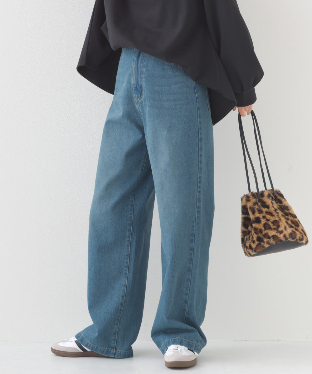 【OMNES】12oz ウォッシュ加工ハイウエストルーズワイドデニムパンツ【253W427OMN037】