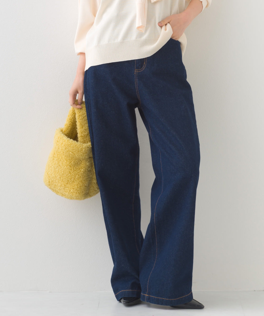 【OMNES】12oz ウォッシュ加工ハイウエストルーズワイドデニムパンツ【253W427OMN037】