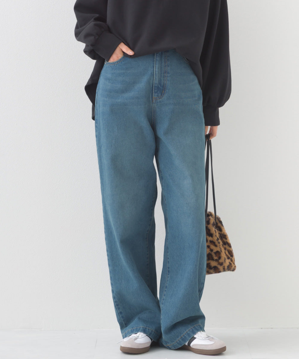 【OMNES】12oz ウォッシュ加工ハイウエストルーズワイドデニムパンツ【253W427OMN037】