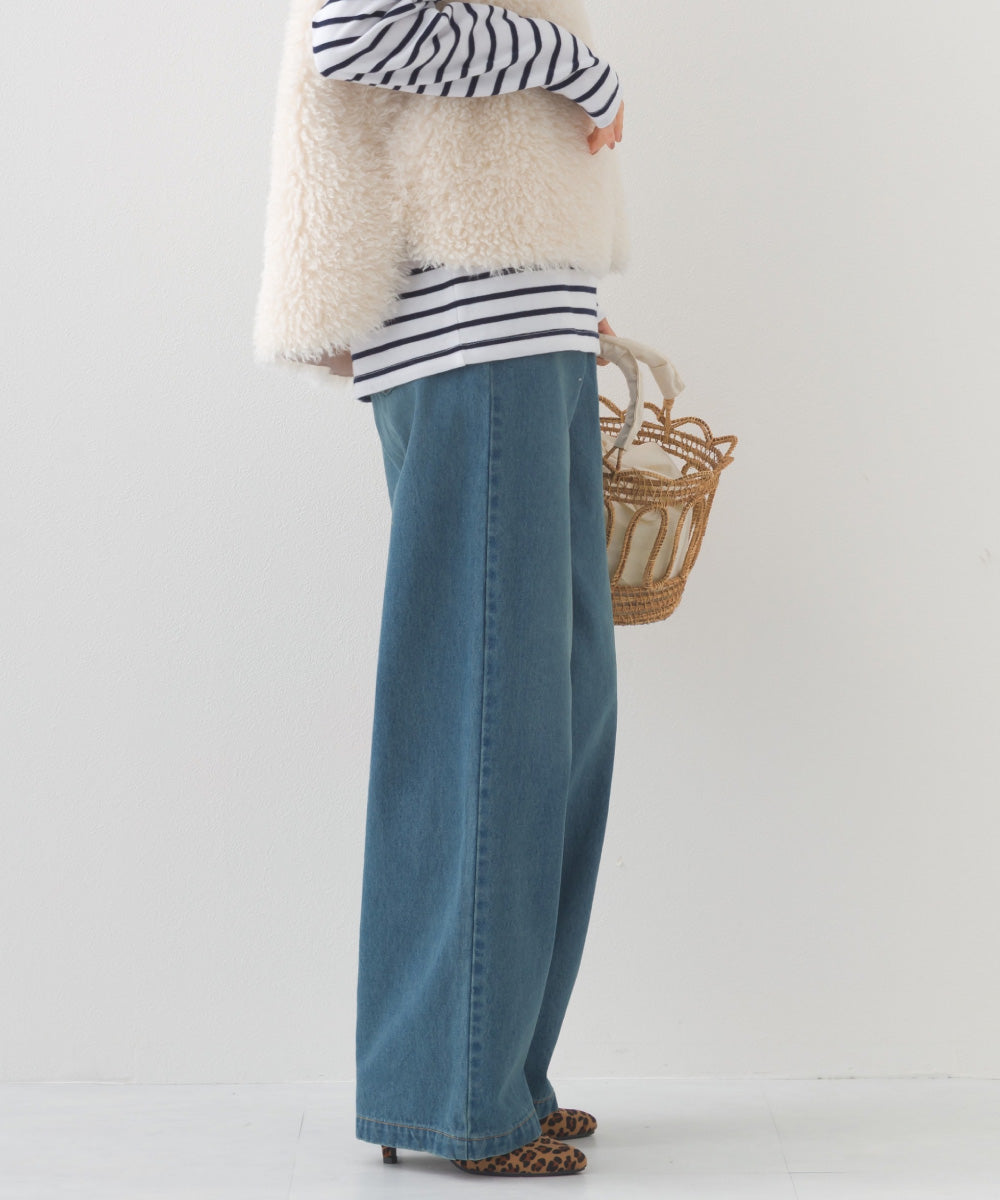 【OMNES】12oz ウォッシュ加工ハイウエストルーズワイドデニムパンツ【253W427OMN037】