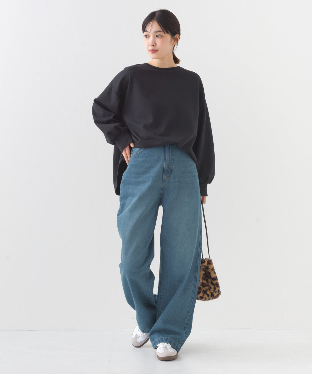 【OMNES】12oz ウォッシュ加工ハイウエストルーズワイドデニムパンツ【253W427OMN037】