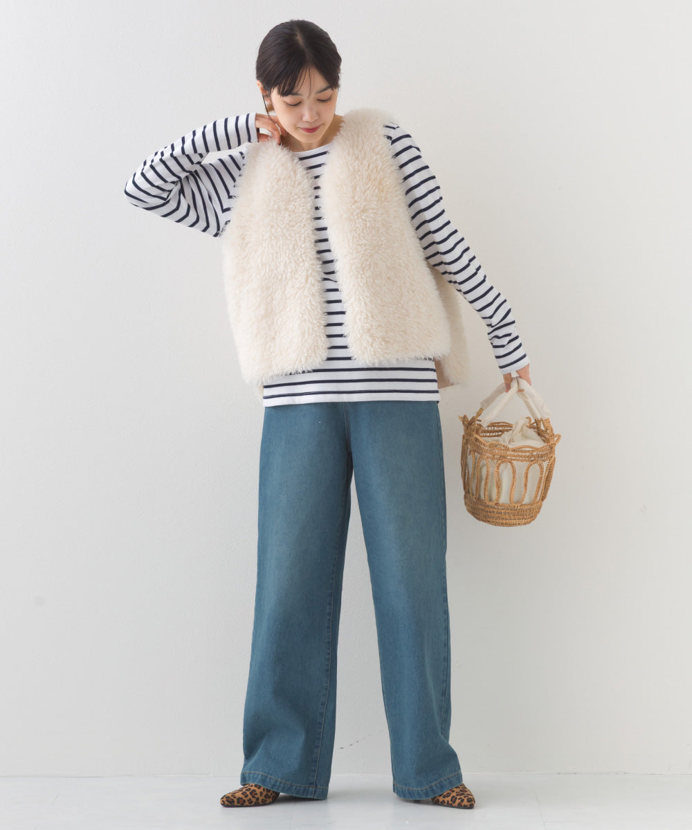 【OMNES】12oz ウォッシュ加工ハイウエストルーズワイドデニムパンツ【253W427OMN037】