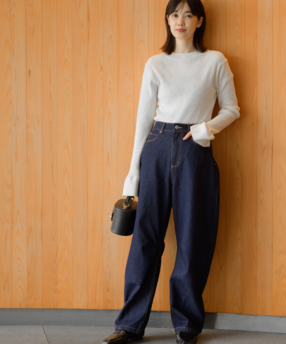 【OMNES】12oz ウォッシュ加工ハイウエストカーブデニムパンツ【253W427OMN038】