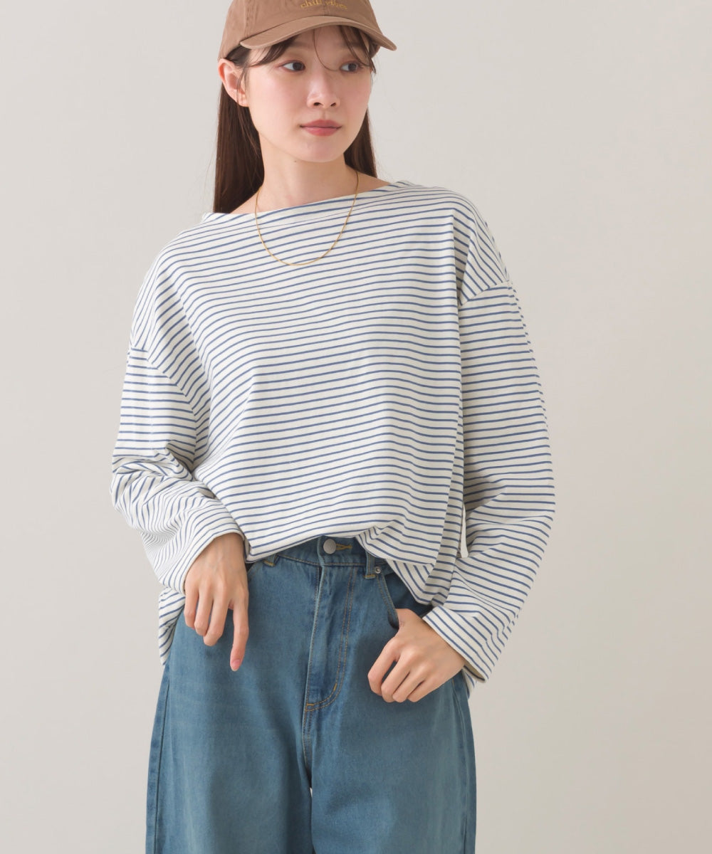 【OMNES】サイドスリットプルオーバー ボーダーロングスリーブTシャツ【253W430OMN100】