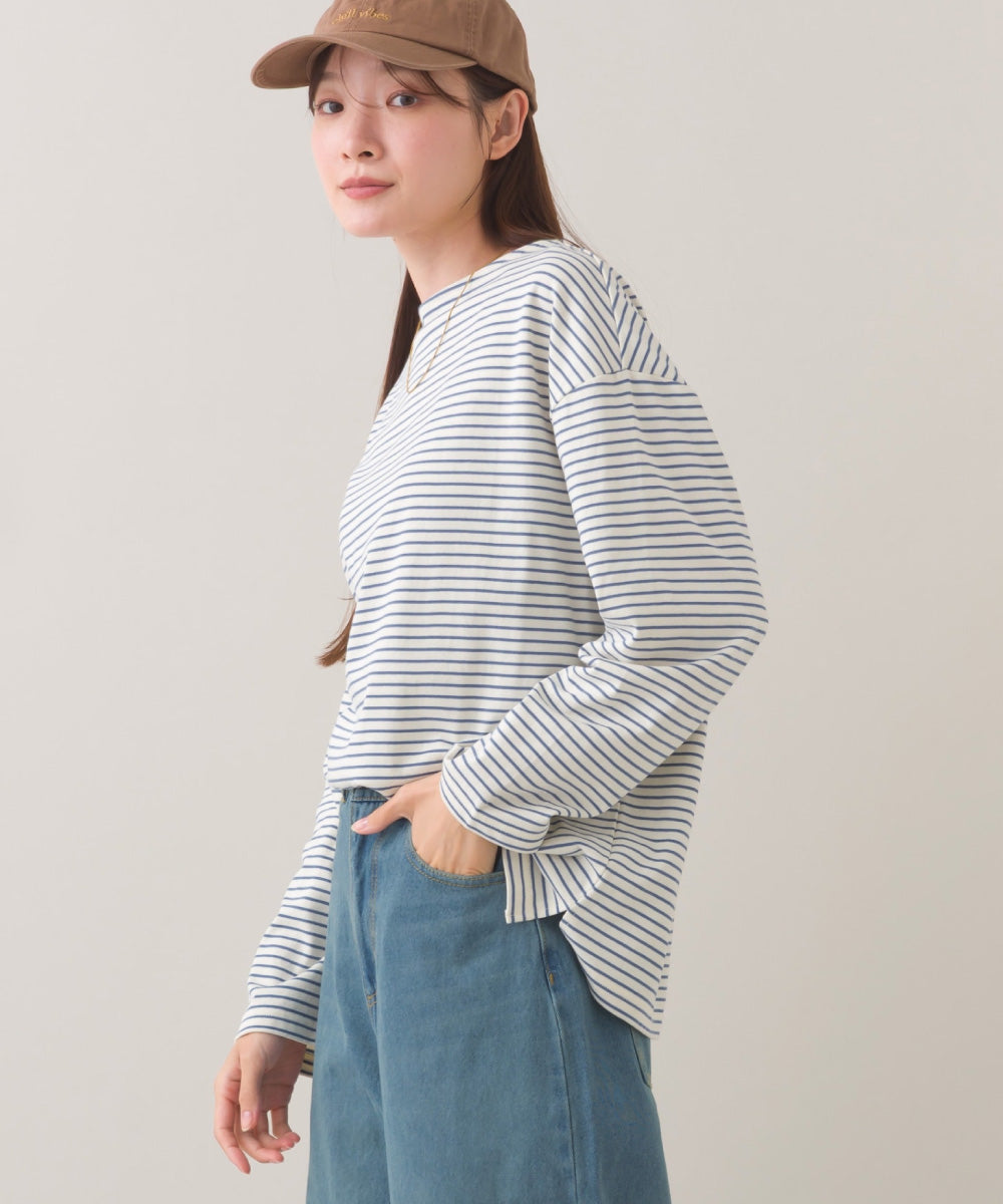 【OMNES】サイドスリットプルオーバー ボーダーロングスリーブTシャツ【253W430OMN100】