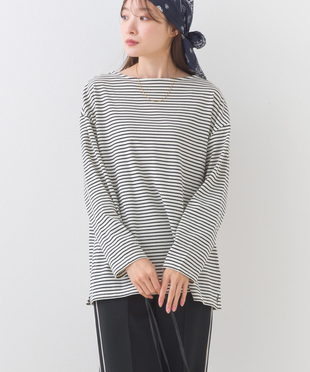 【OMNES】サイドスリットプルオーバー ボーダーロングスリーブTシャツ【253W430OMN100】