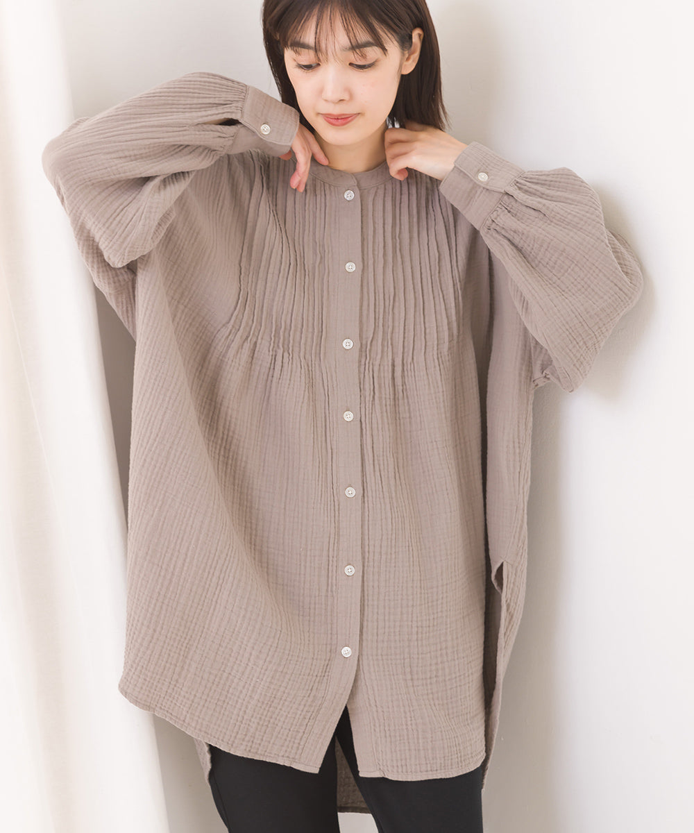 【OMNES】ダブルガーゼピンタック長袖シャツ【7121-4053】
