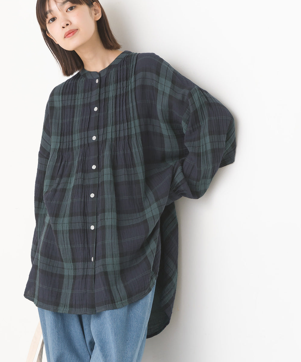 【OMNES】ダブルガーゼピンタック長袖シャツ【7121-4053】