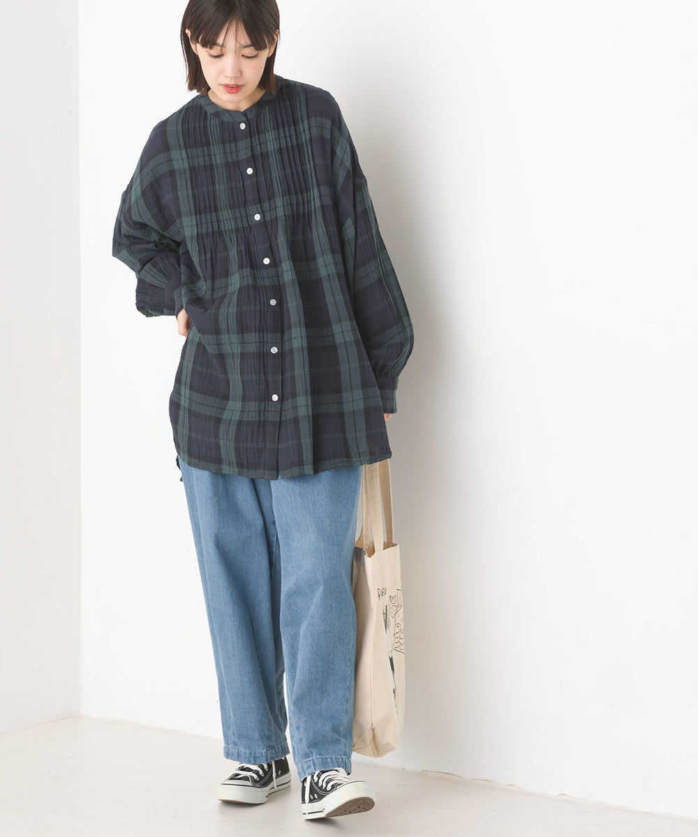 【OMNES】ダブルガーゼピンタック長袖シャツ【7121-4053】