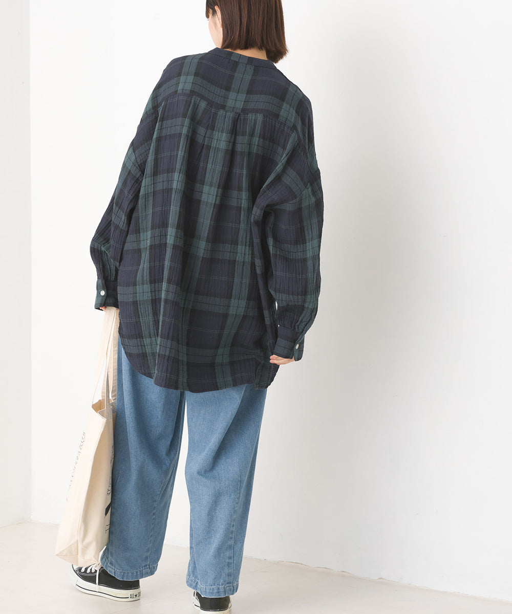【OMNES】ダブルガーゼピンタック長袖シャツ【7121-4053】