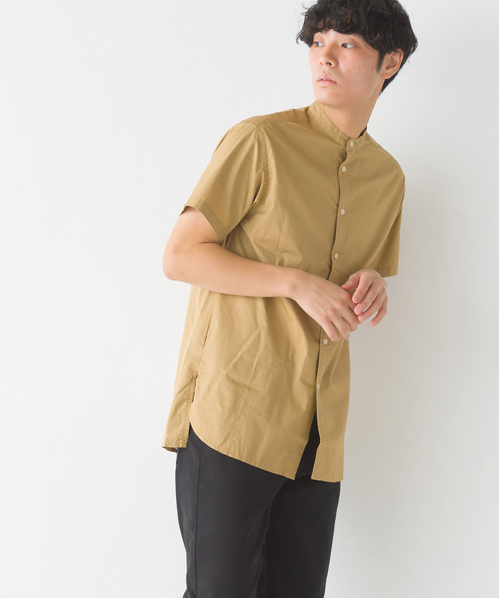 【OMNES Another Edition】メンズ 製品洗いタイプライタースタンド衿セミロング丈半袖シャツ【7121-4065】