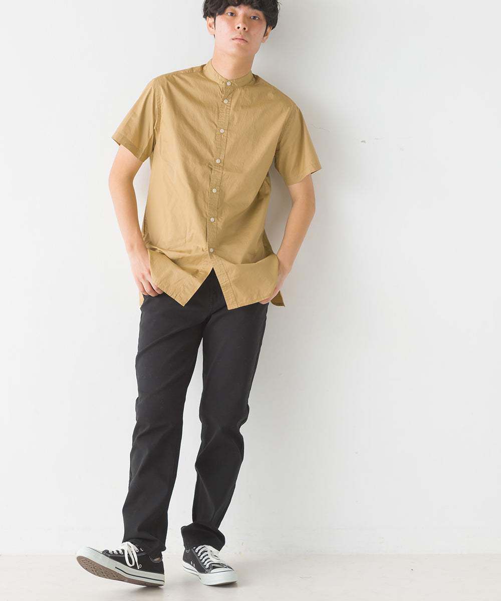 【OMNES Another Edition】メンズ 製品洗いタイプライタースタンド衿セミロング丈半袖シャツ【7121-4065】
