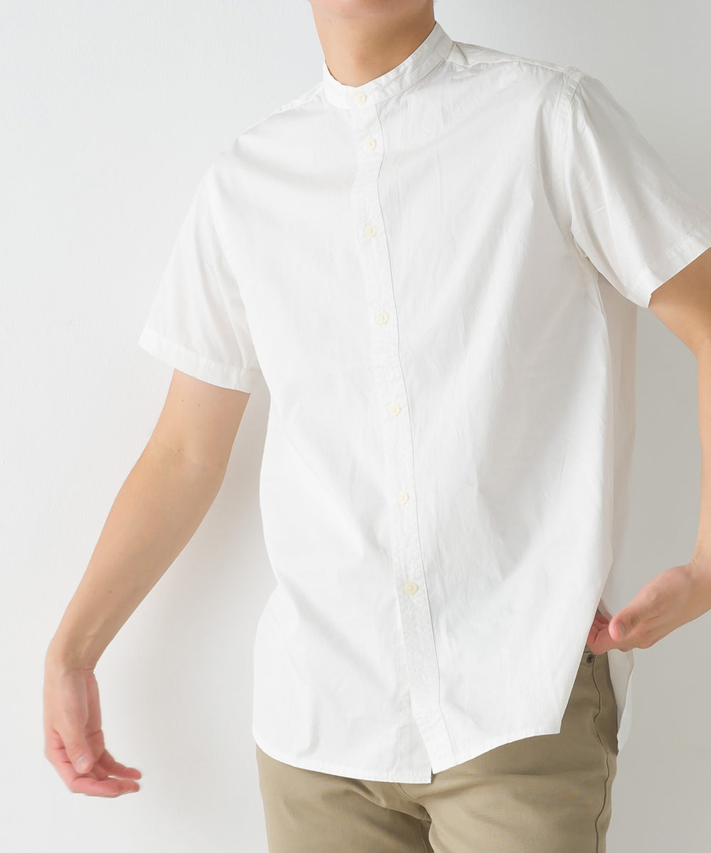 【OMNES Another Edition】メンズ 製品洗いタイプライタースタンド衿セミロング丈半袖シャツ【7121-4065】