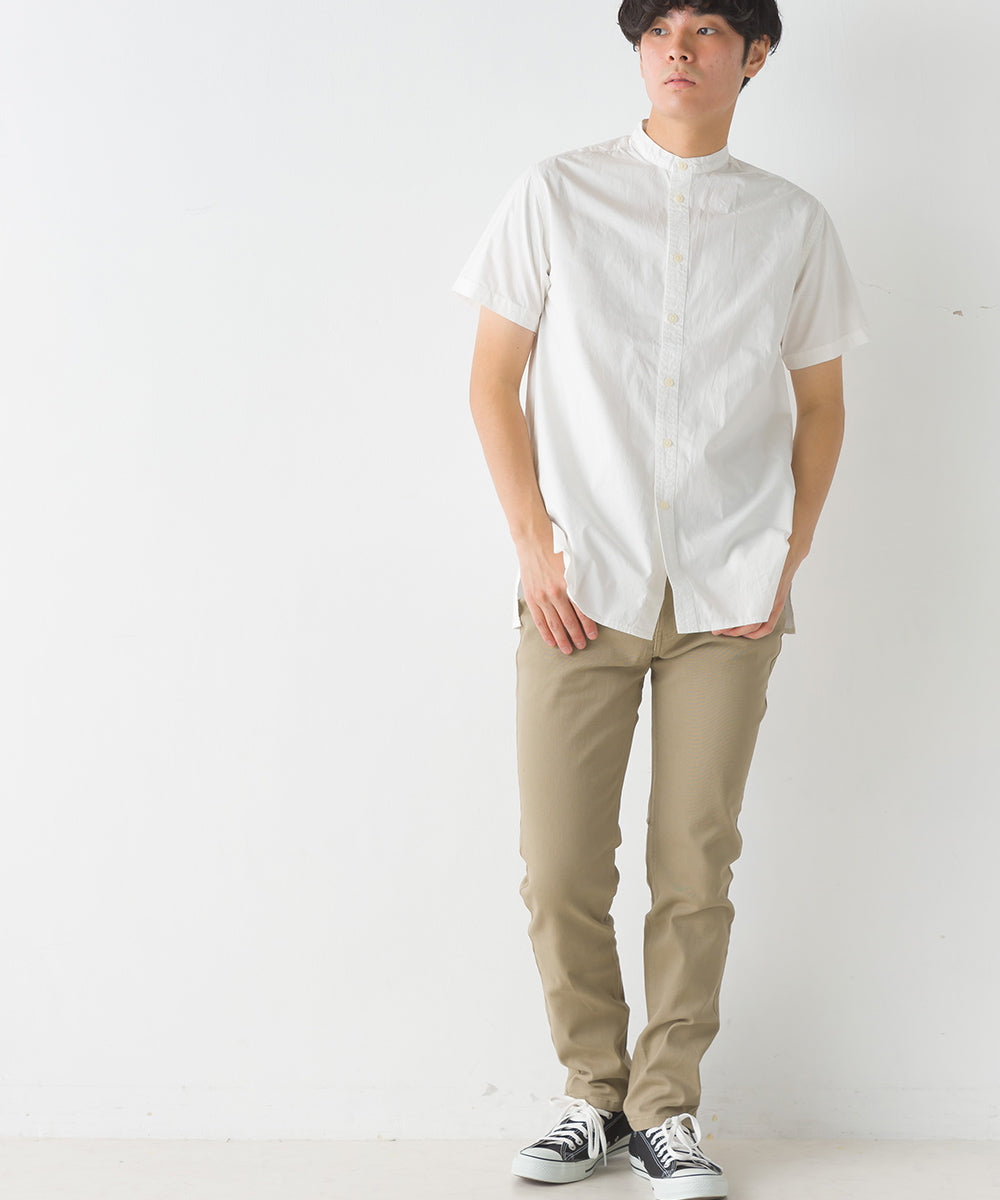 【OMNES Another Edition】メンズ 製品洗いタイプライタースタンド衿セミロング丈半袖シャツ【7121-4065】
