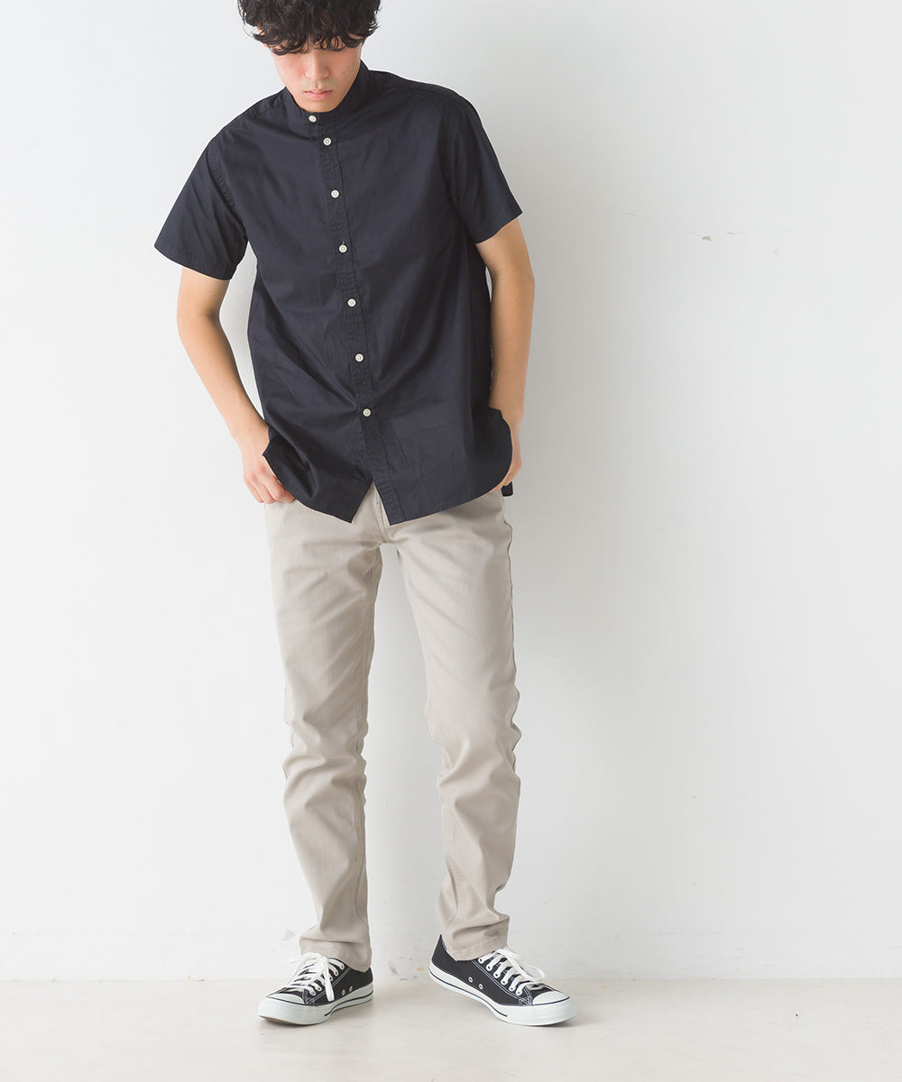 【OMNES Another Edition】メンズ 製品洗いタイプライタースタンド衿セミロング丈半袖シャツ【7121-4065】