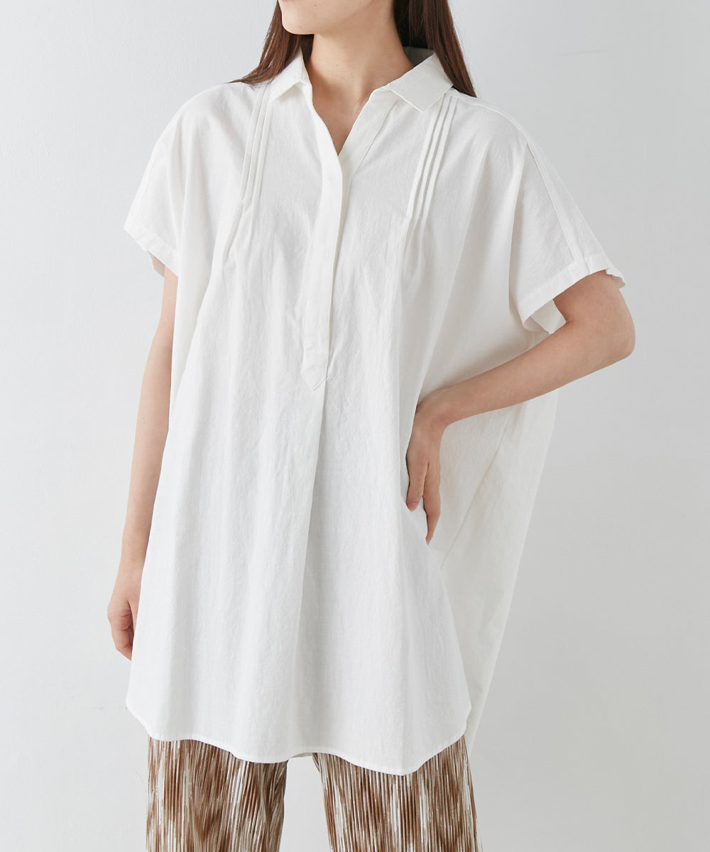 【OMNES】コットンスラブ製品洗い ワイドシルエットスキッパーフレンチスリーブチュニック【7122-4126】
