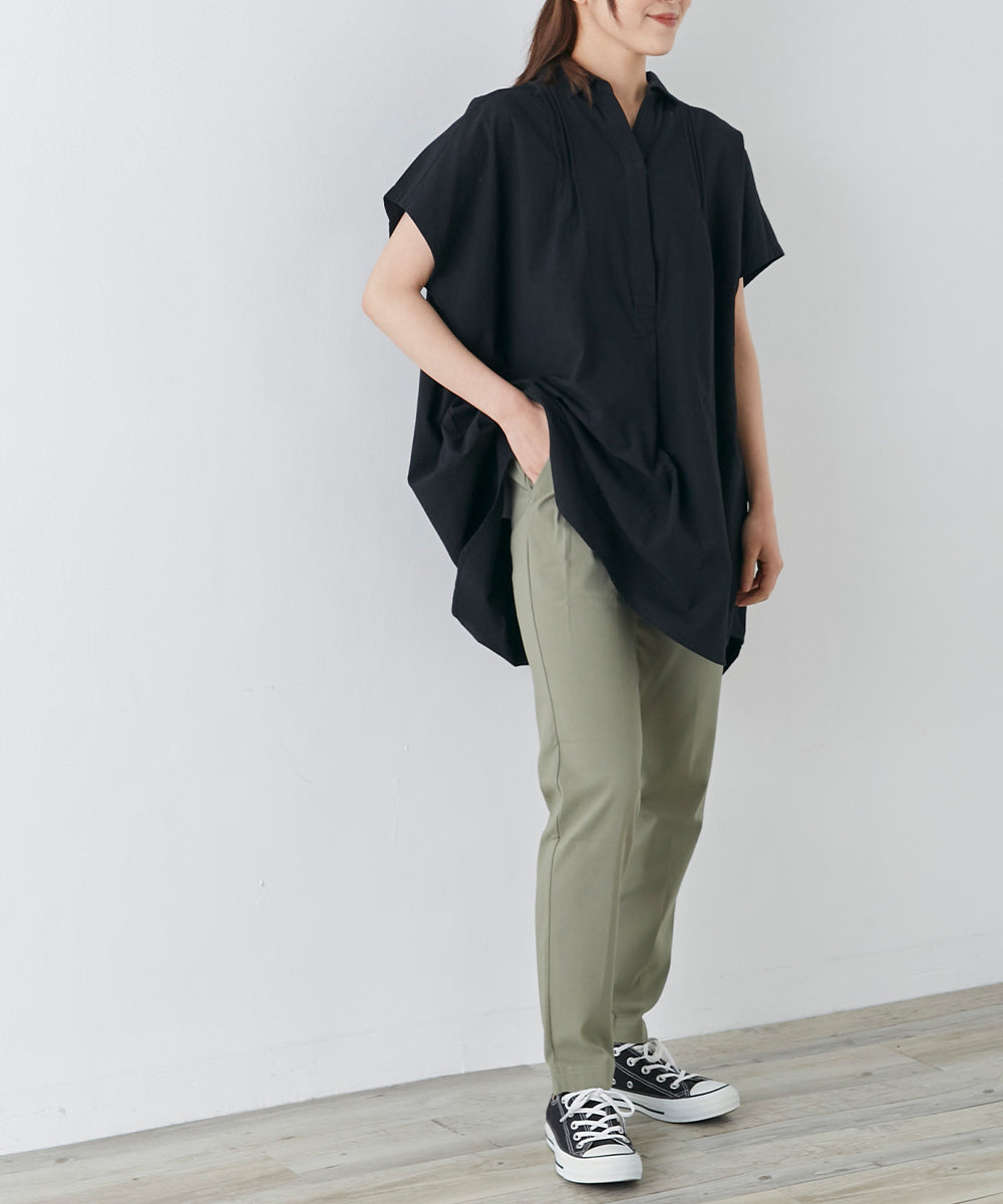【OMNES】コットンスラブ製品洗い ワイドシルエットスキッパーフレンチスリーブチュニック【7122-4126】