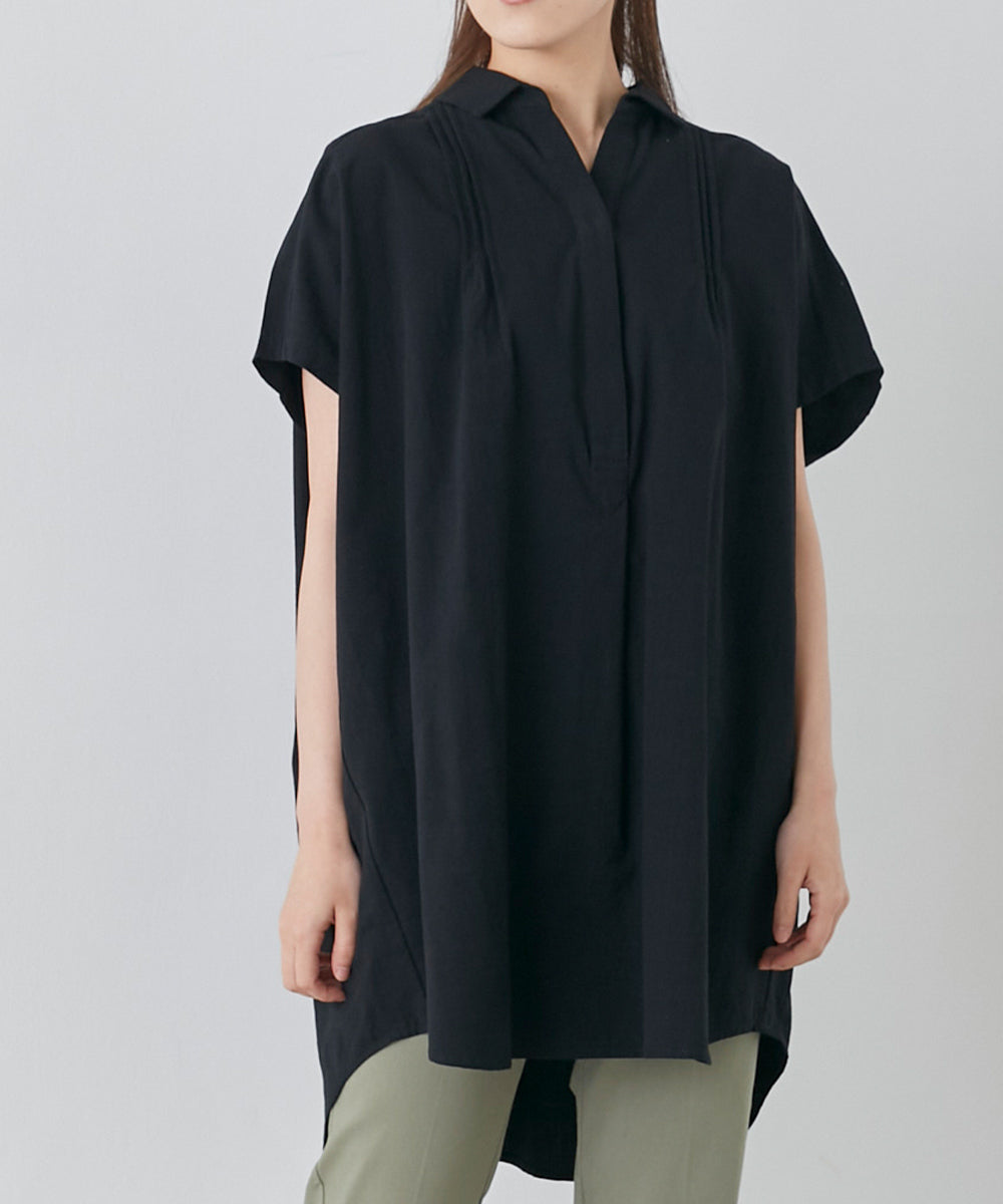 【OMNES】コットンスラブ製品洗い ワイドシルエットスキッパーフレンチスリーブチュニック【7122-4126】