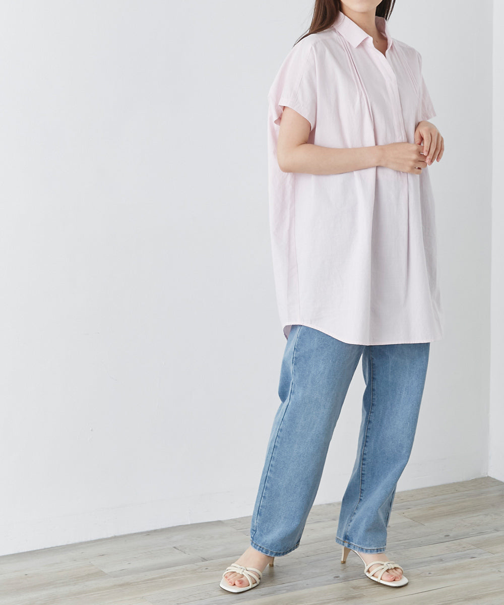 【OMNES】コットンスラブ製品洗い ワイドシルエットスキッパーフレンチスリーブチュニック【7122-4126】
