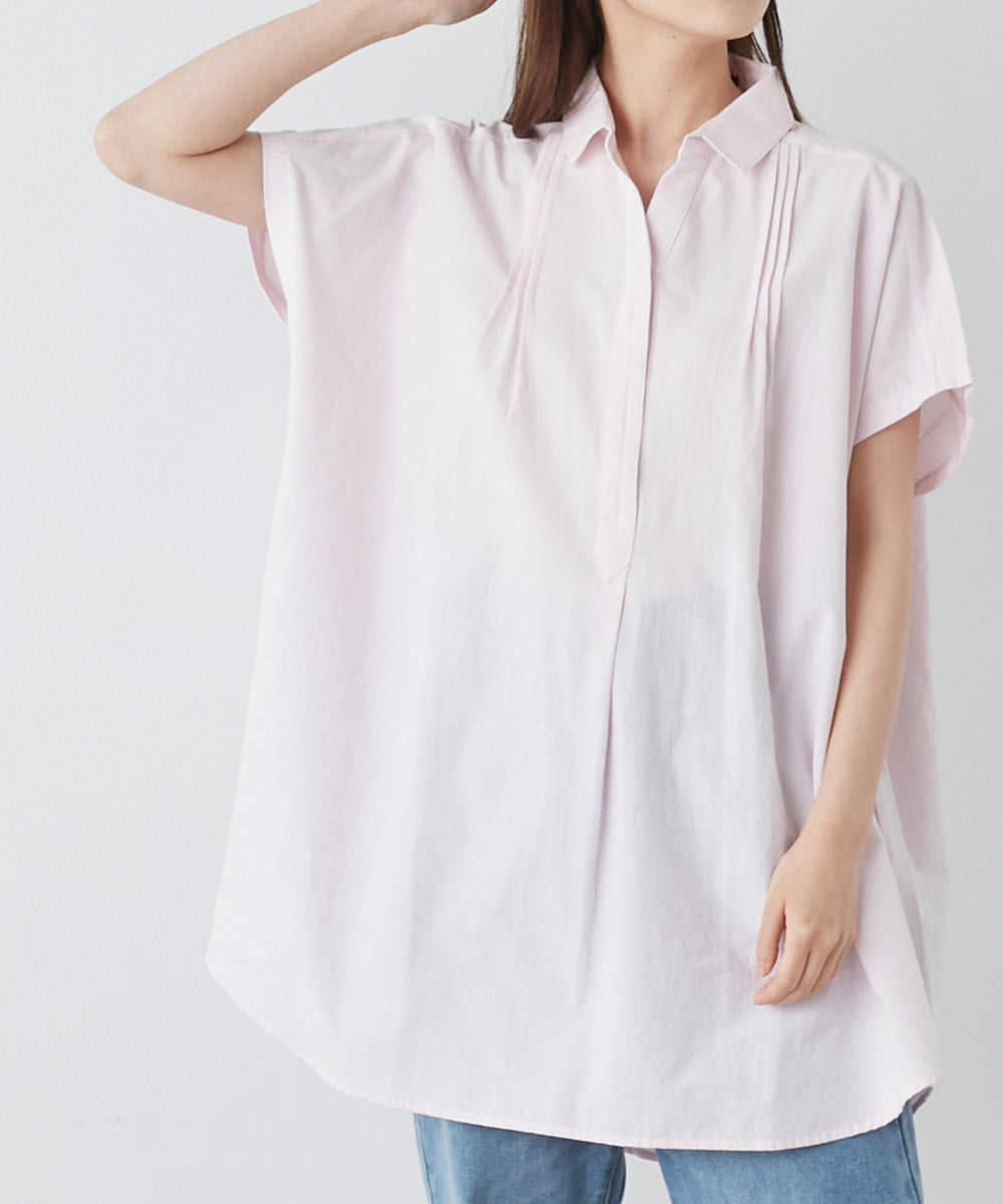 【OMNES】コットンスラブ製品洗い ワイドシルエットスキッパーフレンチスリーブチュニック【7122-4126】