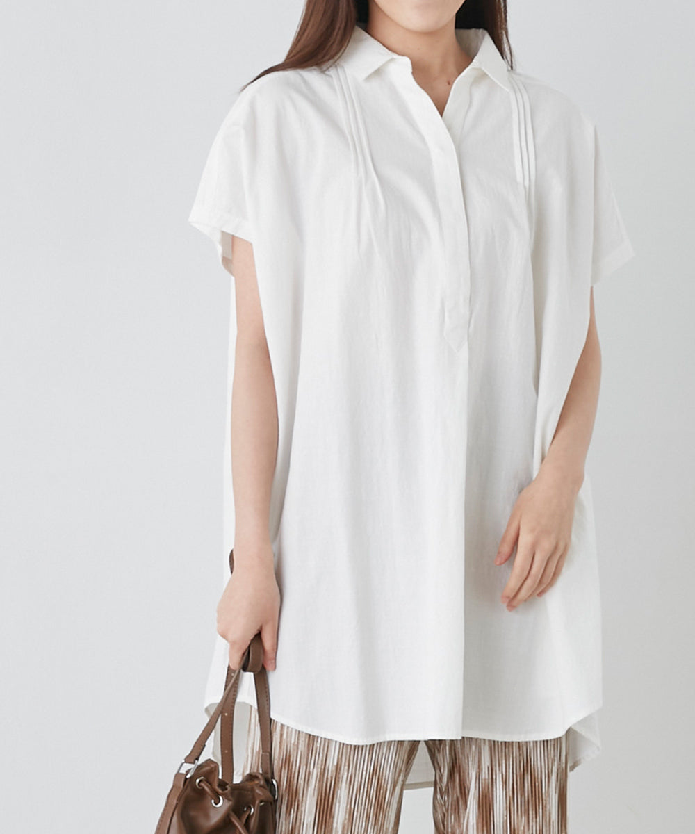 【OMNES】コットンスラブ製品洗い ワイドシルエットスキッパーフレンチスリーブチュニック【7122-4126】