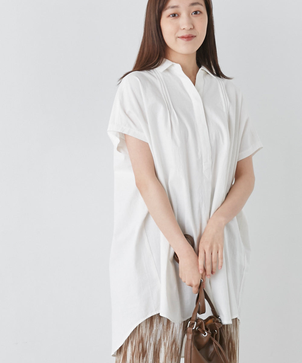 【OMNES】コットンスラブ製品洗い ワイドシルエットスキッパーフレンチスリーブチュニック【7122-4126】