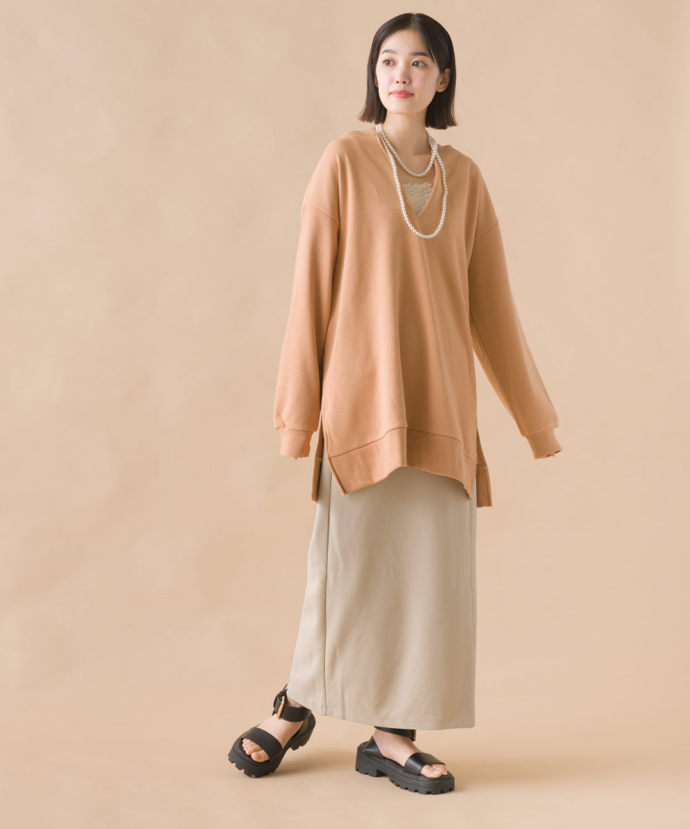 【OMNES】梨地ストレッチツイルフロントスリットタイトスカート【7122-8038】