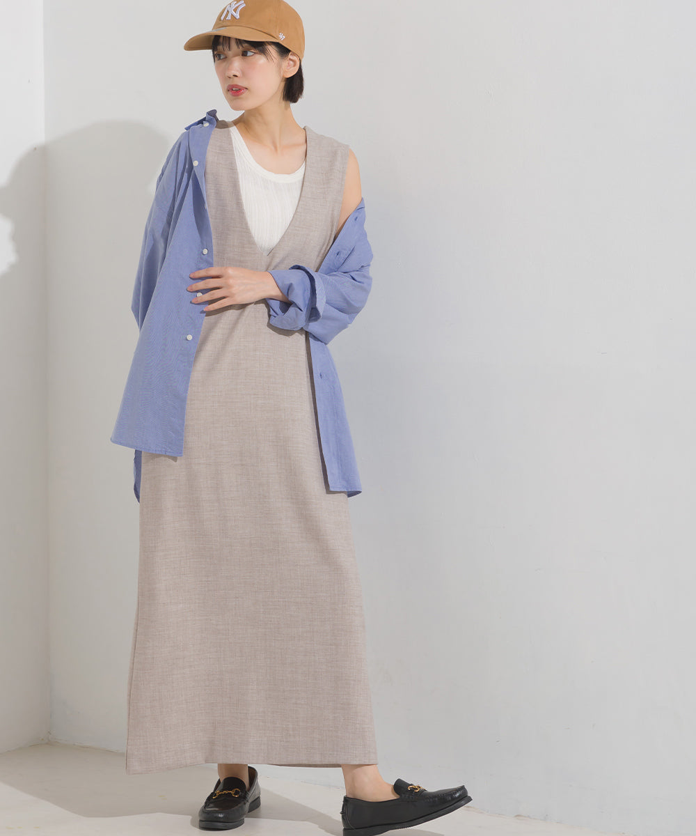 【OMNES】ストレッチ杢Vネックワンピース【7122-9073】