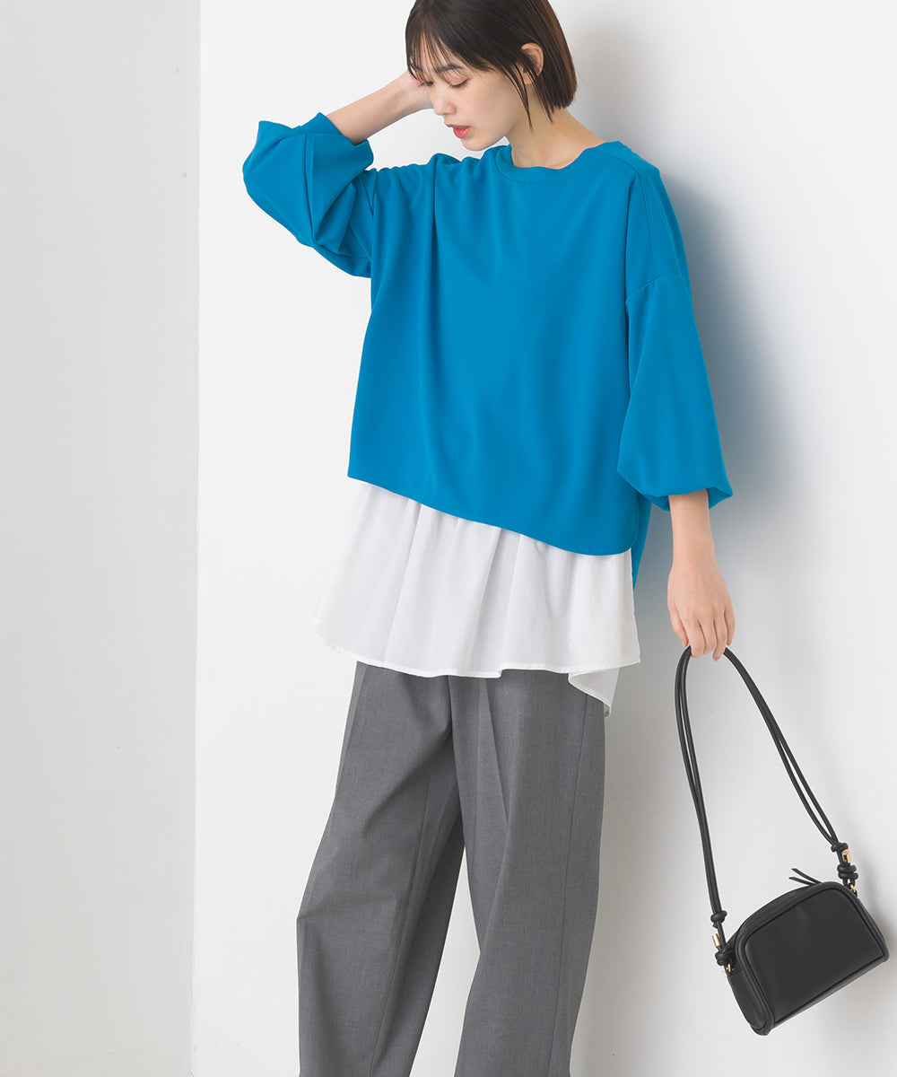 【OMNES】梨地ショート丈裾フレアアンサンブル長袖【7123-5352】