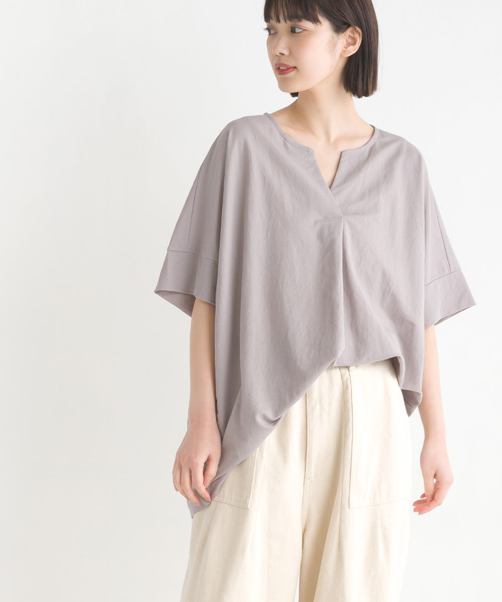 【OMNES】接触冷感レーヨンナイロン キーネック半袖プルオーバー【7123-5382】