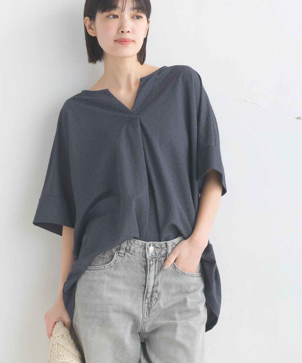 【OMNES】接触冷感レーヨンナイロン キーネック半袖プルオーバー【7123-5382】