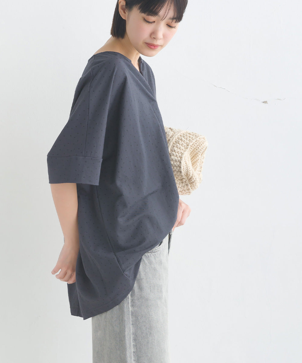 【OMNES】接触冷感レーヨンナイロン キーネック半袖プルオーバー【7123-5382】