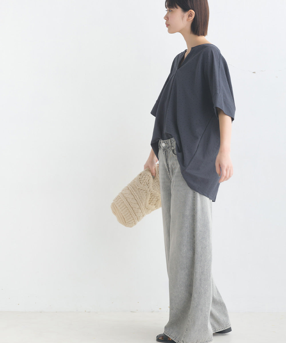【OMNES】接触冷感レーヨンナイロン キーネック半袖プルオーバー【7123-5382】