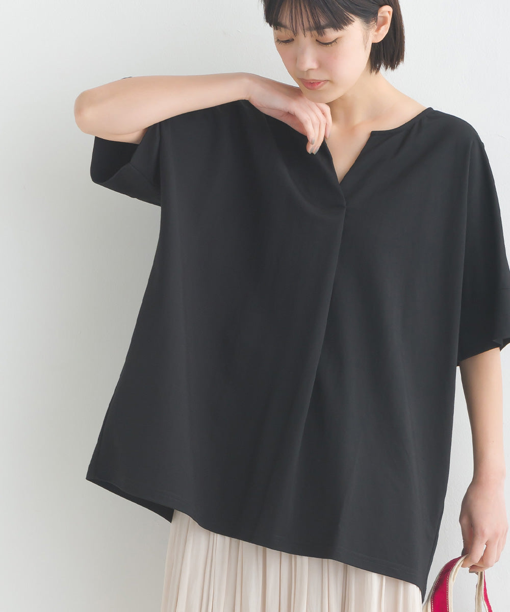 【OMNES】接触冷感レーヨンナイロン キーネック半袖プルオーバー【7123-5382】