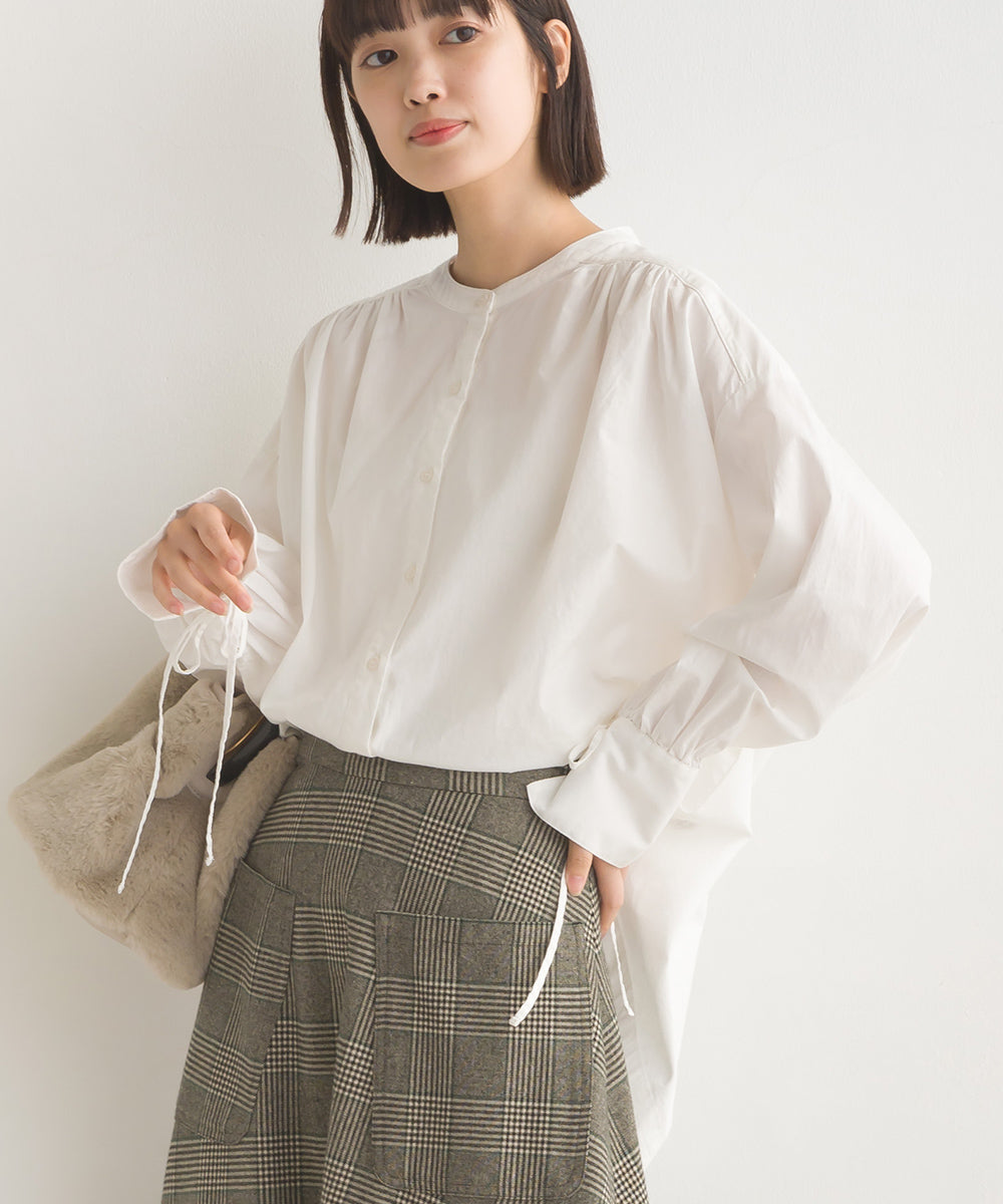 【OMNES】製品洗いコットンブロード袖口リボンオーバーシャツ【7124-4210】
