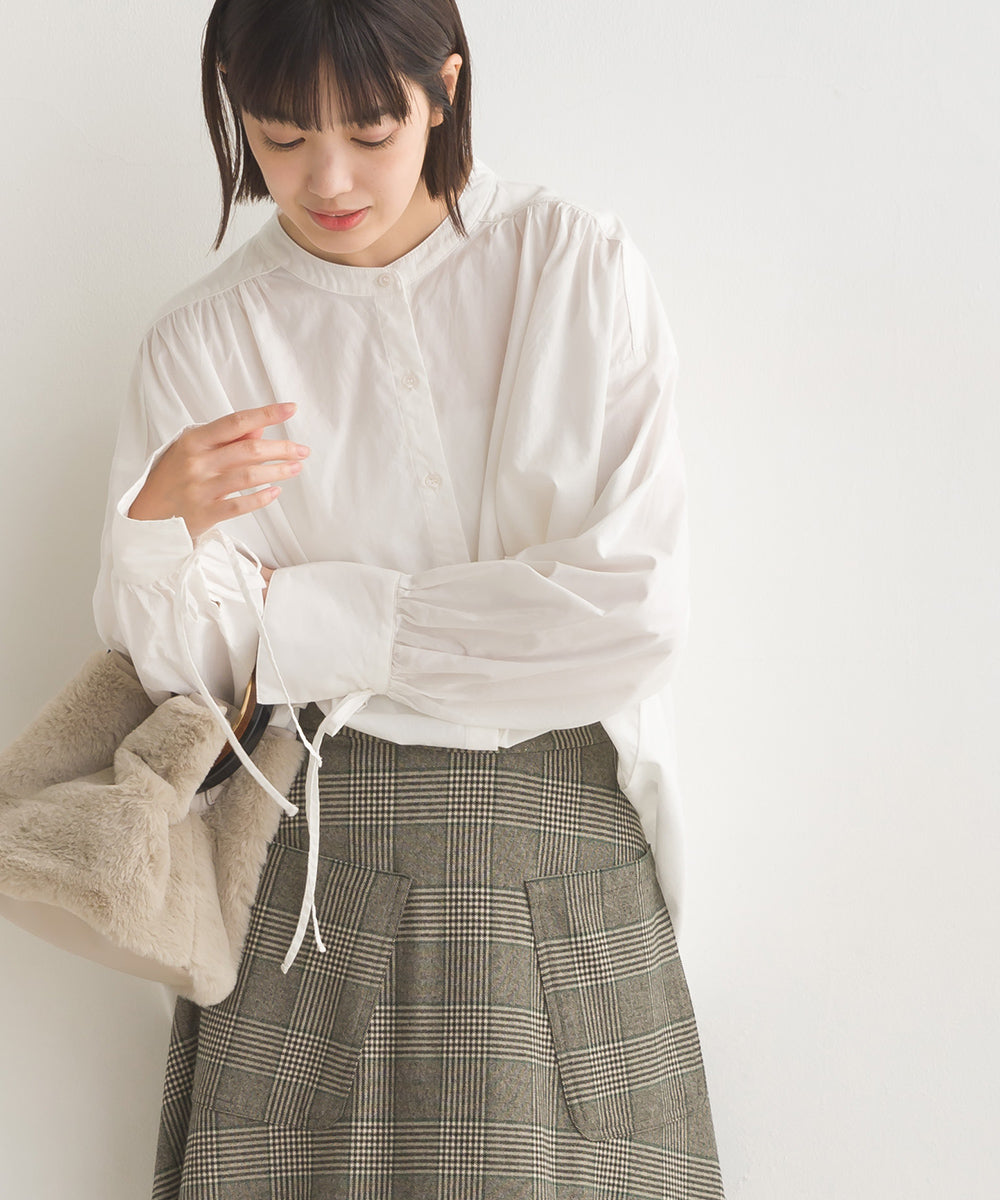 【OMNES】製品洗いコットンブロード袖口リボンオーバーシャツ【7124-4210】
