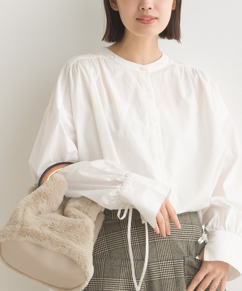 【OMNES】製品洗いコットンブロード袖口リボンオーバーシャツ【7124-4210】