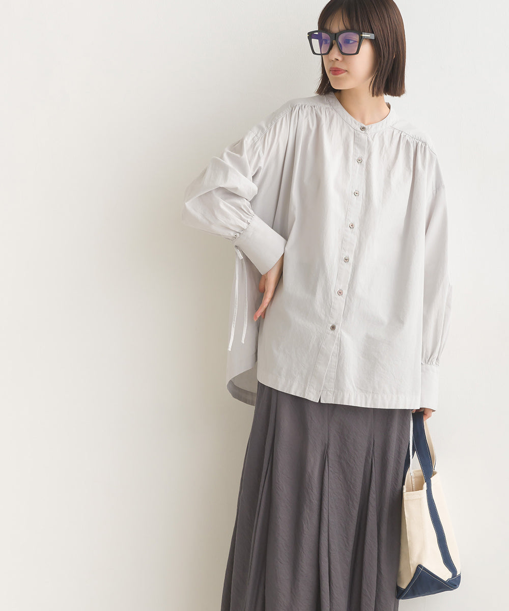 【OMNES】製品洗いコットンブロード袖口リボンオーバーシャツ【7124-4210】