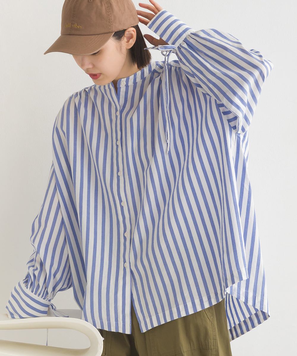 【OMNES】製品洗いコットンブロード袖口リボンオーバーシャツ【7124-4210】