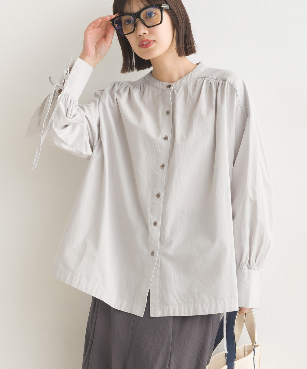 【OMNES】製品洗いコットンブロード袖口リボンオーバーシャツ【7124-4210】
