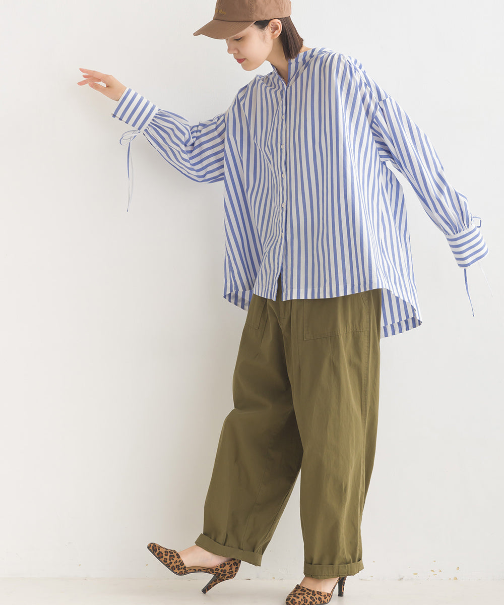 【OMNES】製品洗いコットンブロード袖口リボンオーバーシャツ【7124-4210】